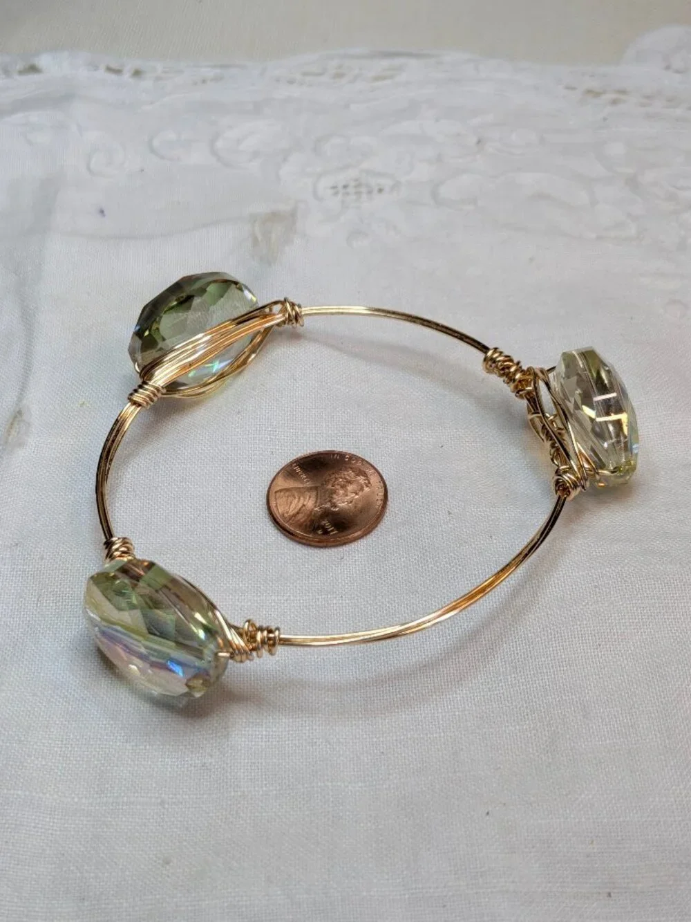 Gold Wire Bangle Bracelet with AB Coated Crystal Stones